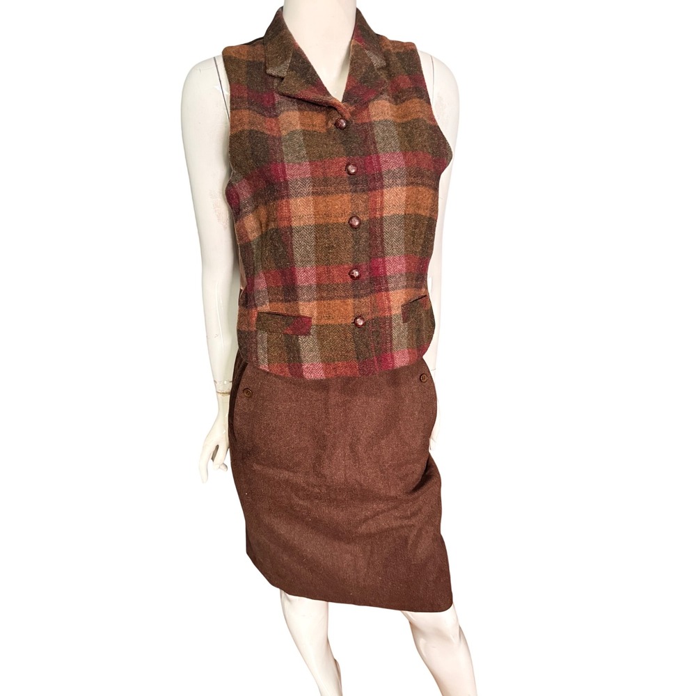 Vintage bushwhacker plaid Waistcoat Vest Brown Wool Blend Notched Lapel M